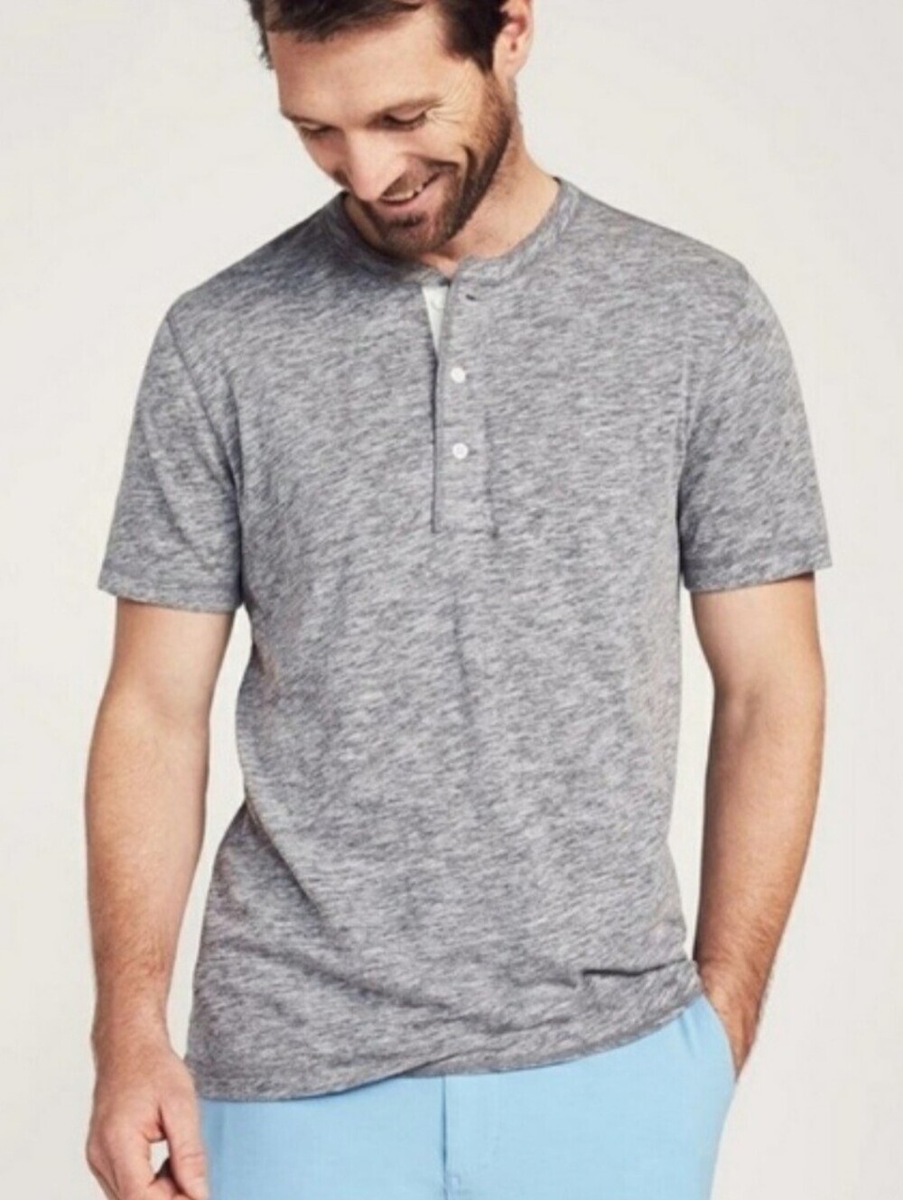 Faherty Men's XXL Gray Slub Cotton Blend Short Sleeve Henley Shirt EUC